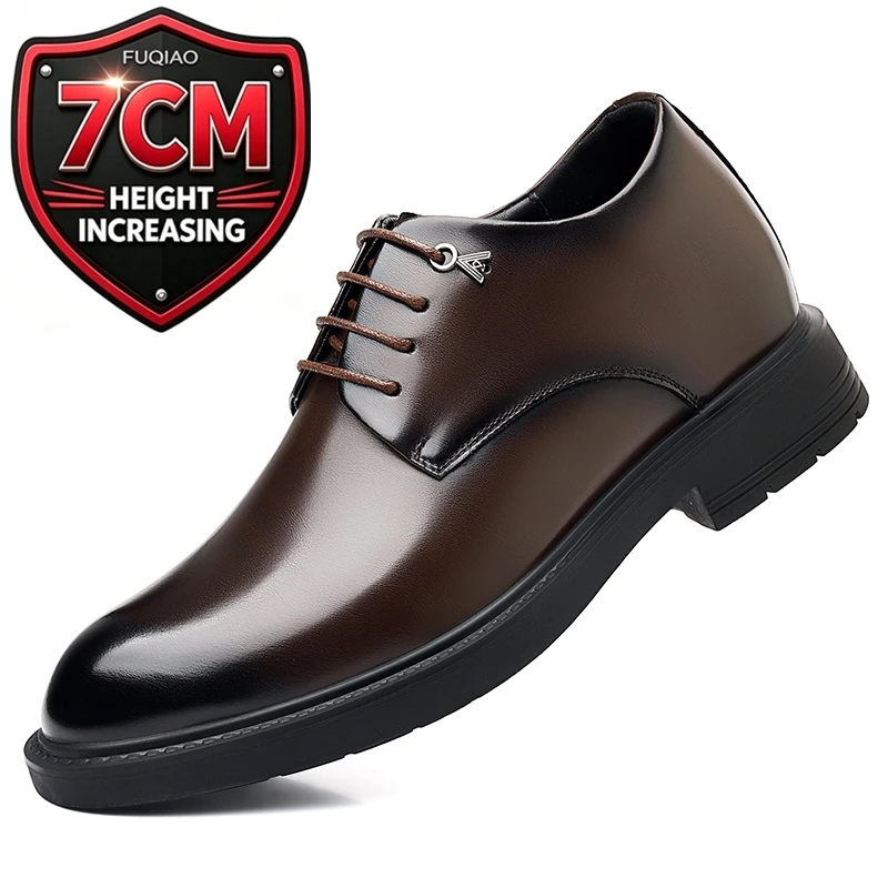 Men 7CM Hidden Elevator Dress Shoes Cow Split Leather Lace Up Height Increasing Oxfords For Groom Wedding Party Business Banquet