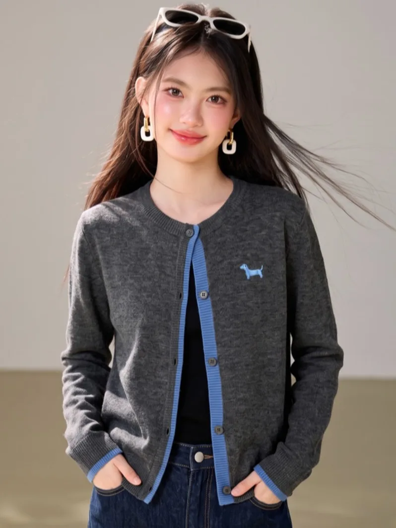 Fall 2026 Casual Style Knitted Long Sleeve round Neck Women's Cardigan Soft Breathable Casual Wind Dog Embroidery Open-Shirt