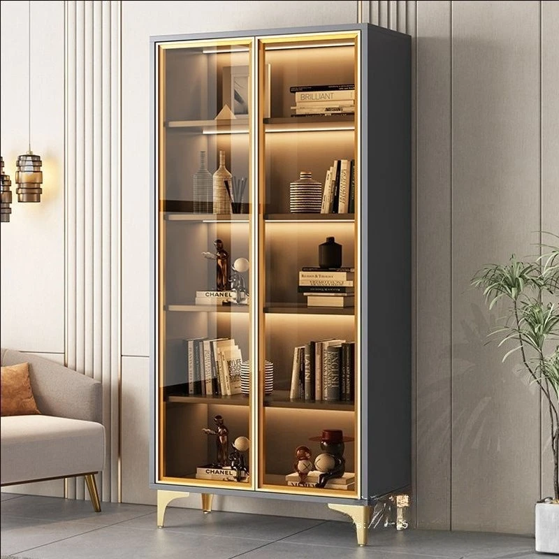 

Bookcase with glass door transparent wine cabinet light luxury household living room integrated whole wall multi-layer bookshelf
