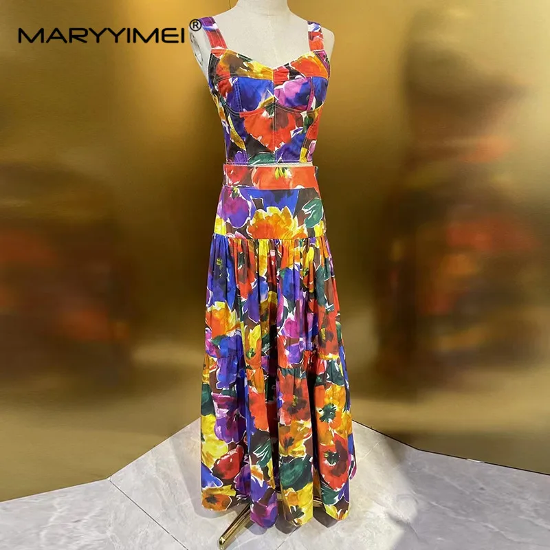 

MARYYIMEI Fashion Women's 2024 Spring New Poplin Backless Sexy Sleeveless Printed Shirt+Poplin Ball Gown Skirt 2-Piece Set