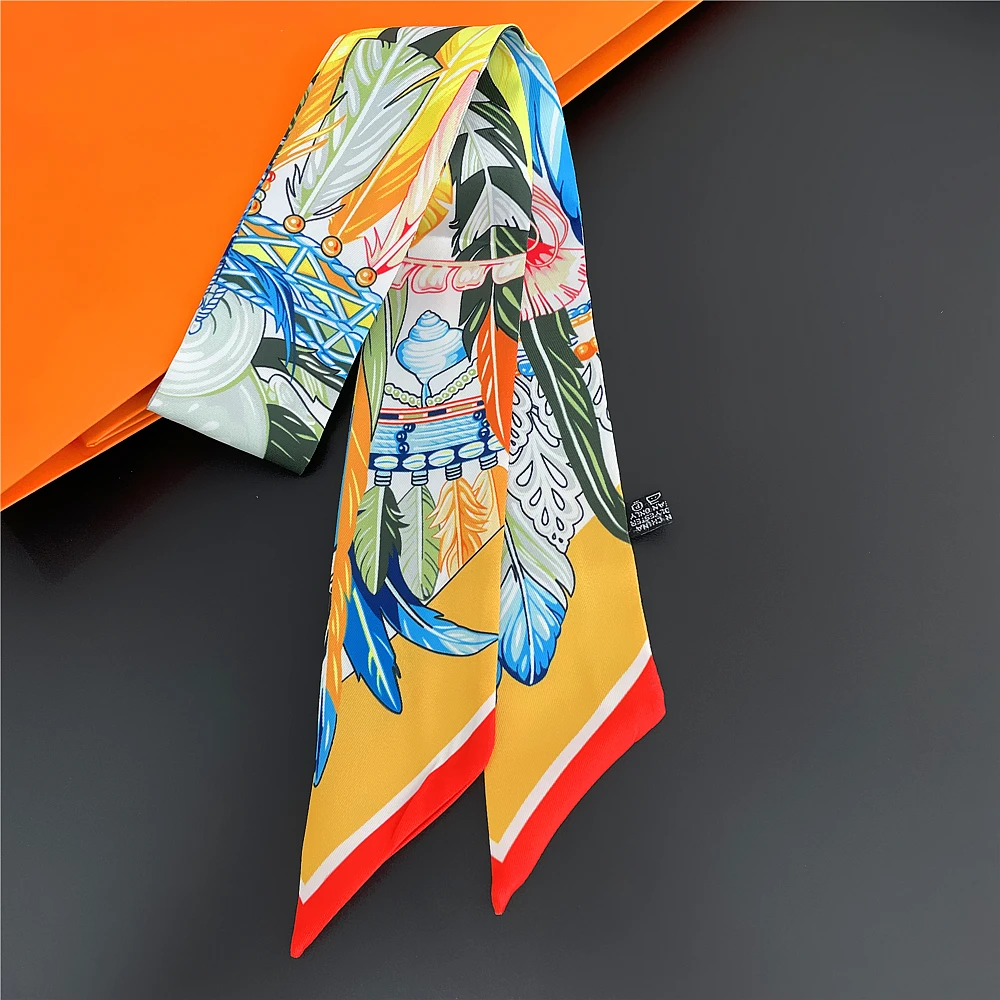 Brand Indian Feather Bag Scarf 2024 New Design Women Luxury 100% Silk Scarf Fashion Headband Skinny Hair Scarves Neckerchief