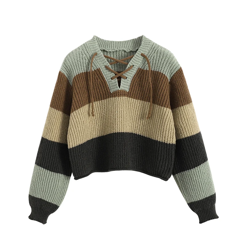 Women Striped Pullover Knit Sweater Harajuku Aesthetic Y2k Long Sleeves Sweaters Elegant Vintage 2000s Fashion Clothes