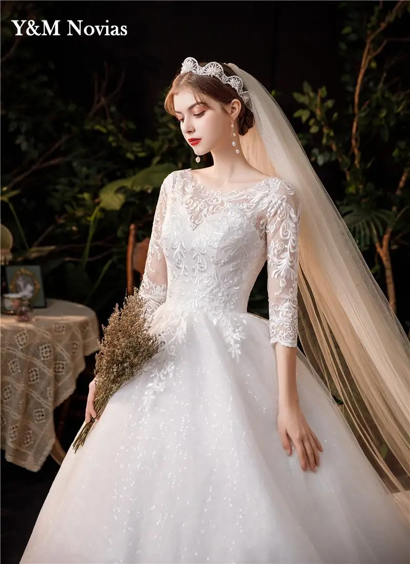 Y&M Novias New Luxury Long Lace Dresses Applique With Sleeve Royal Train princess Wedding Dress Embroidery Bride Dress Plus Size