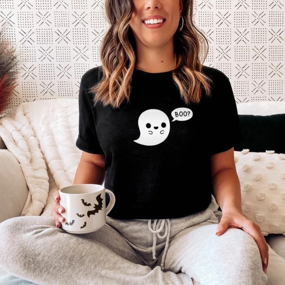 Boo هالوين لطيف شبح تي شيرت مطبوع بلايز بسيطة الإرهاب Crewneck القمم امرأة رجل القطن جديد وصول مضحك شبح التي شيرت