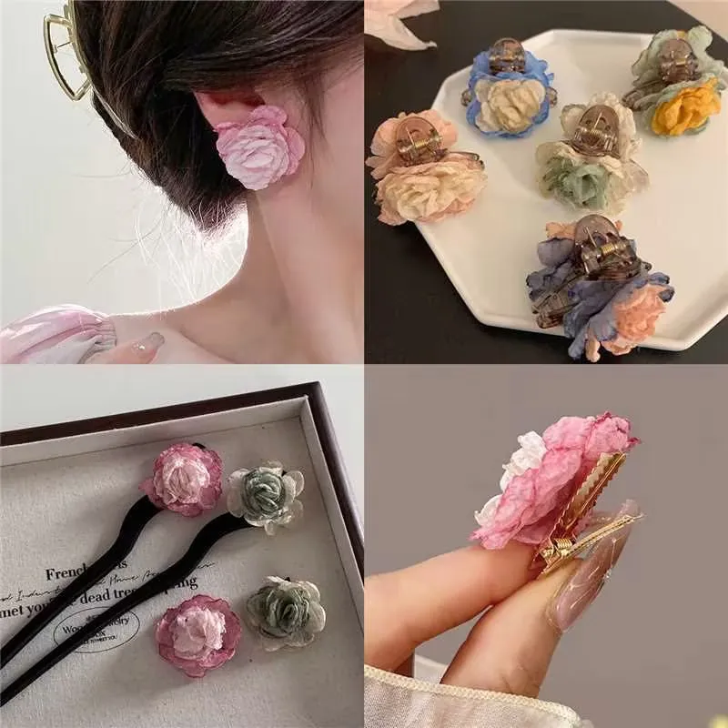 5pcs 4cm Two-color Burnt Edge Handmade Flower Fabric Silk Flower Head For DIY Clothing Headwear and Earring Accessories