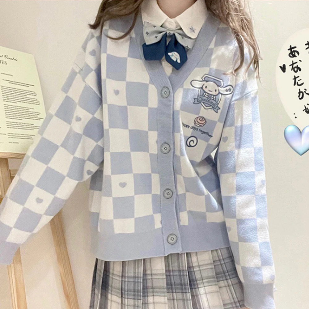 

Cartoon Cinnamoroll Kuromi Embroidery Knitted Sweater Cardigan Japanese Sanrioed Y2K Kawaii Women Jk Uniform Spring Loose Coat