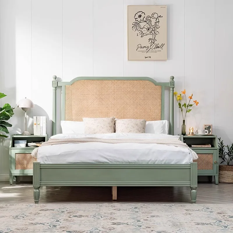 

Nordic cream wind solid wood rattan bed household bedroom 1.8 meters double bed ins wabi sandy wind hotel bed