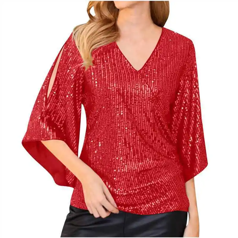 2025 New Loose Medium to Long Sequined T-Shirt Short Sleeved Pullover in Stock from Europe and America