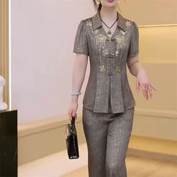 Chinese Style 2024 Summer Women's New Slimming And Concealing Thin Printing Fashionable Wide Leg Pants Light Luxury Pants Sets