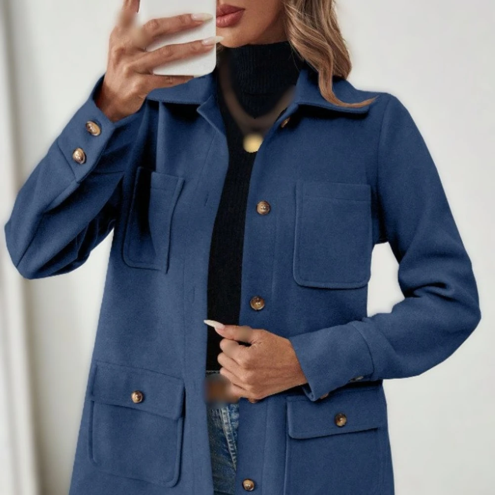 Womens Autumn Winter Trench Coat in Solid Tone Loose Silhouette Notched Lapels and Practical Four Pocket Layout