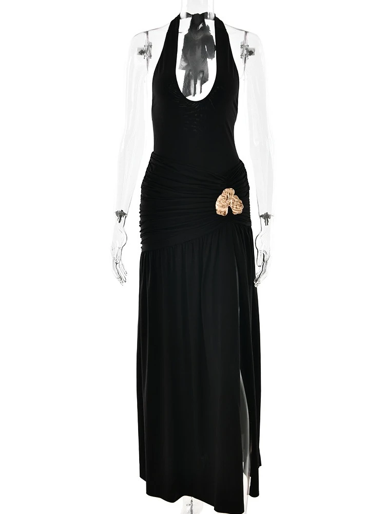 EOENKKY-Conjunto de vestido largo Sexy con espalda descubierta para mujer, traje Halter y falda Maxi, conjunto a juego, vestido fruncido con abertura