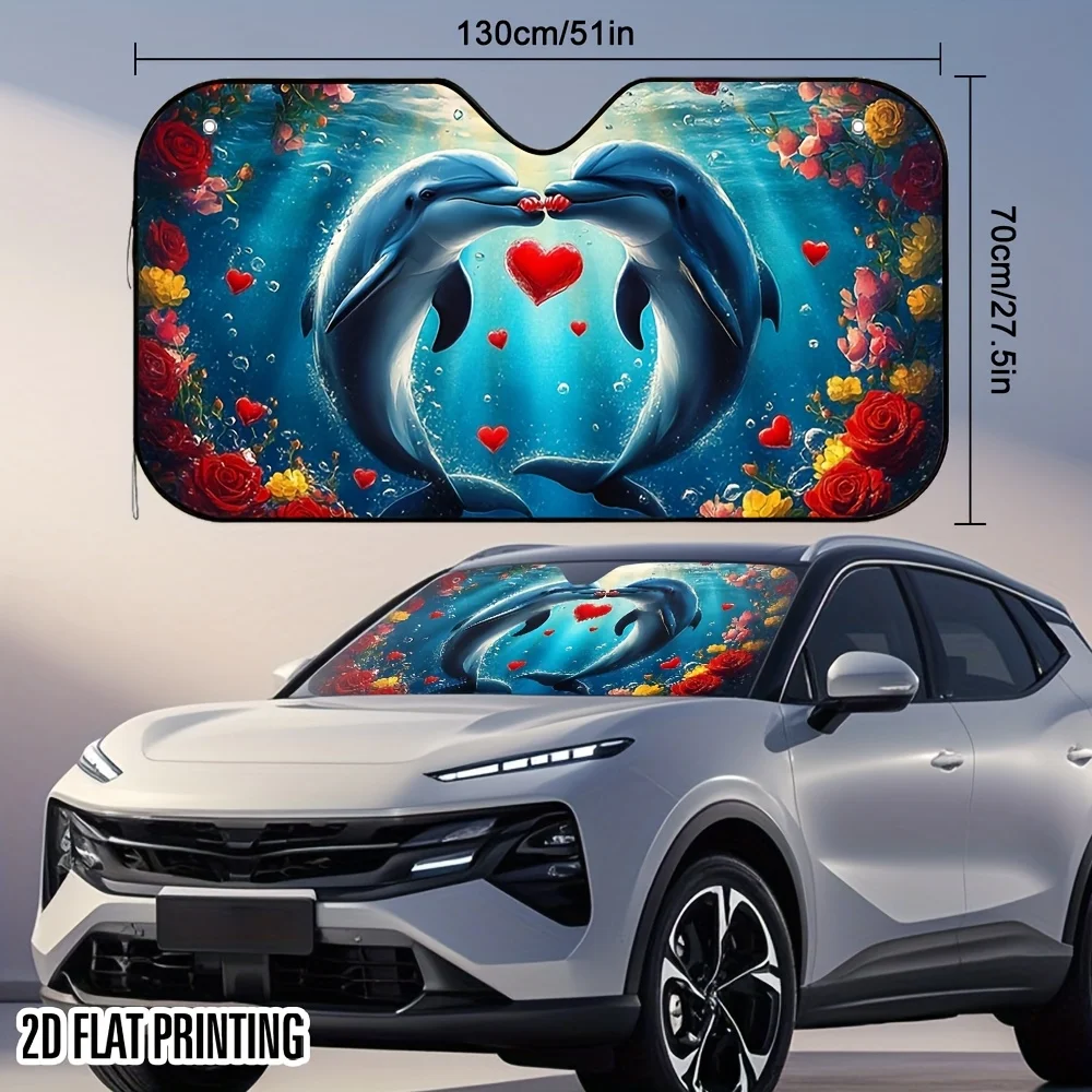 1pc 2D Flat Dolphin Heart Dance Print Car Sunshade – High-Quality Print, Foldable & Easy To Install, 4 Suction Cups, Keeps Your