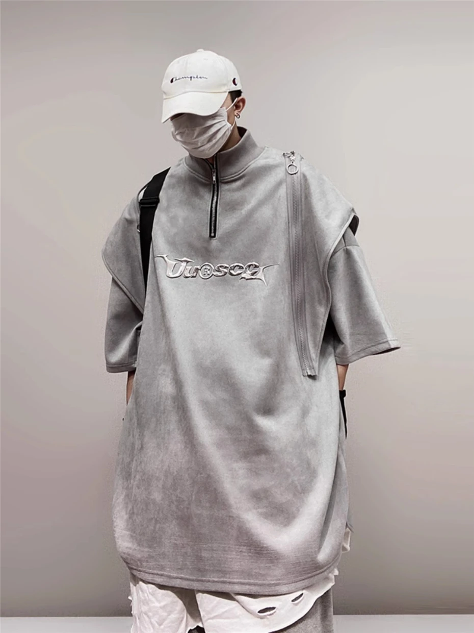 Zipper Design Polo Shirts Mens Streetwear Hip Hop Punk Short Sleeve T-shirts Oversized Harajuku Vintage Loose Casual Tees Tops