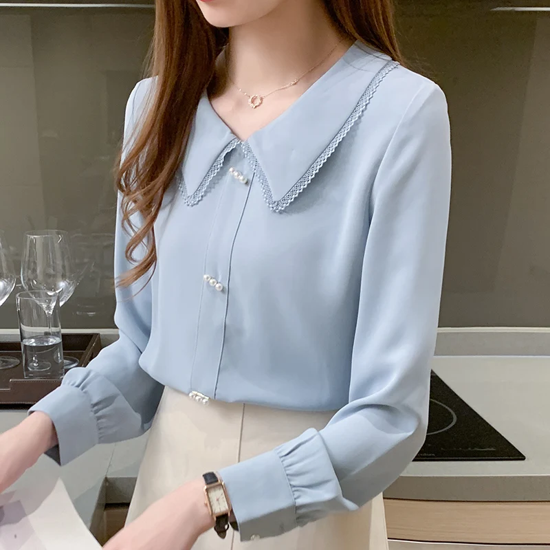 Autumn Long Sleeve Blouse Shirt Tops Blouse Women Blusas Mujer De Moda 2024Blue Chiffon Blouse Shirt Women Blouses Blusa D655