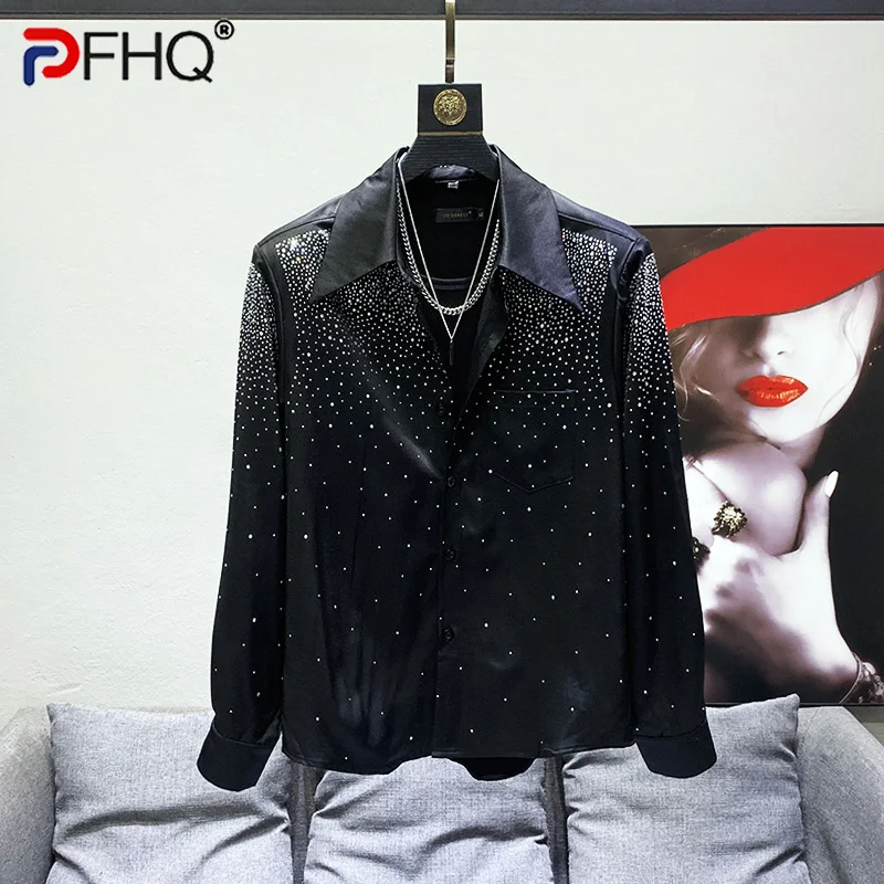 PFHQ Fashion Hot Drill Shirts For Men\'s Turn-down Collar Light Luxury Long Sleeve Single Breasted Loose Breathable Tops 21F3636