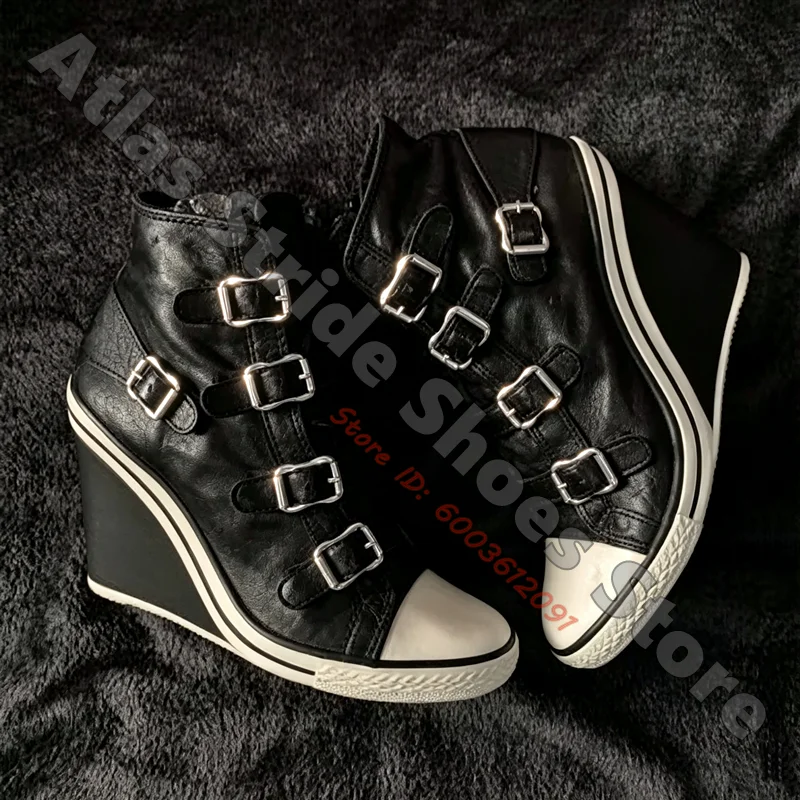 Size 34-45 Leather Multi Buckle Wedge High Top Sneakers Women Punk Platform Wedges White Rubber Toe Cap Casual Fashion Shoes
