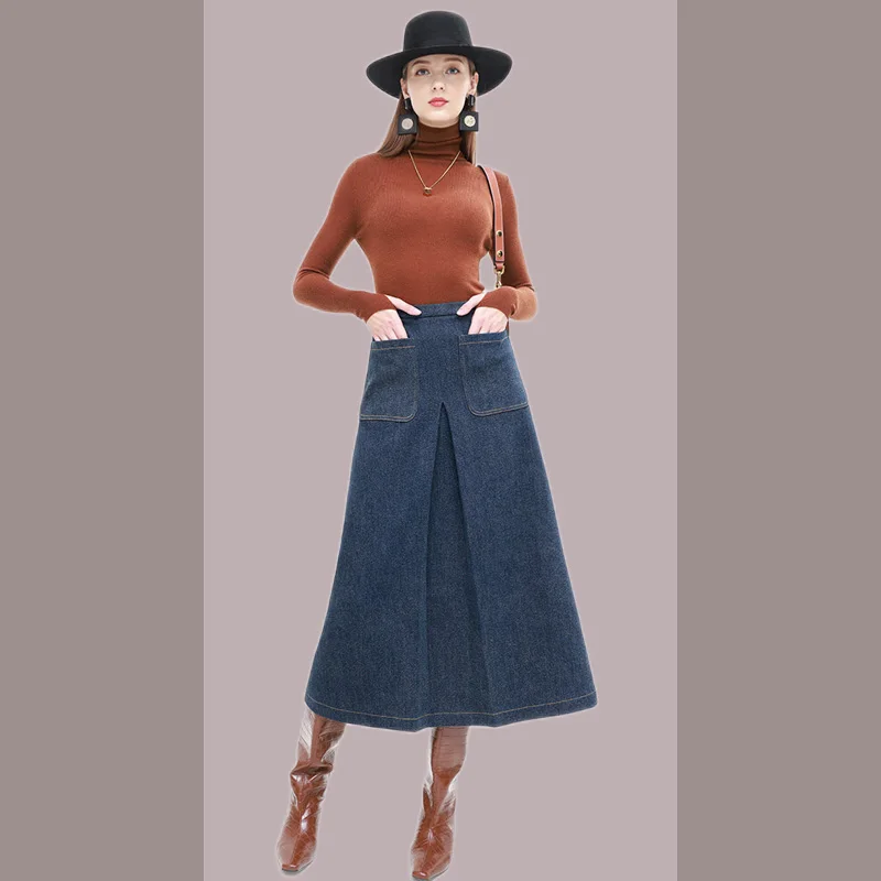 High end retro plush denim set, long A-line skirt, new women's autumn and winter professional wear