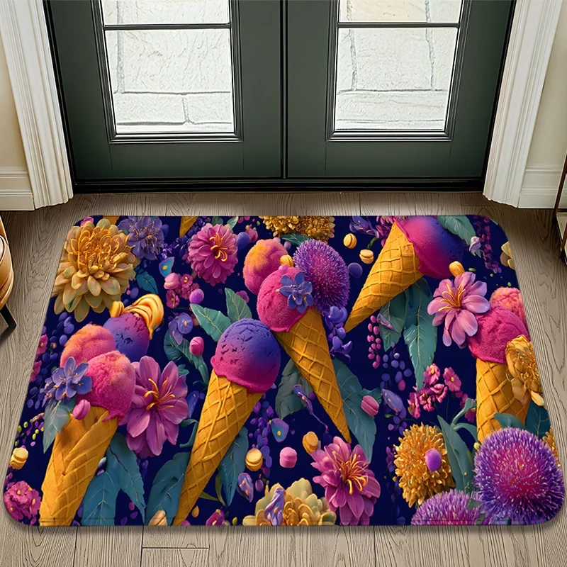 Purple Floral Ice Cream Waffle Cone Print Door Mat Non-Slip Indoor Kitchen Entryway Decor Floor Rug
