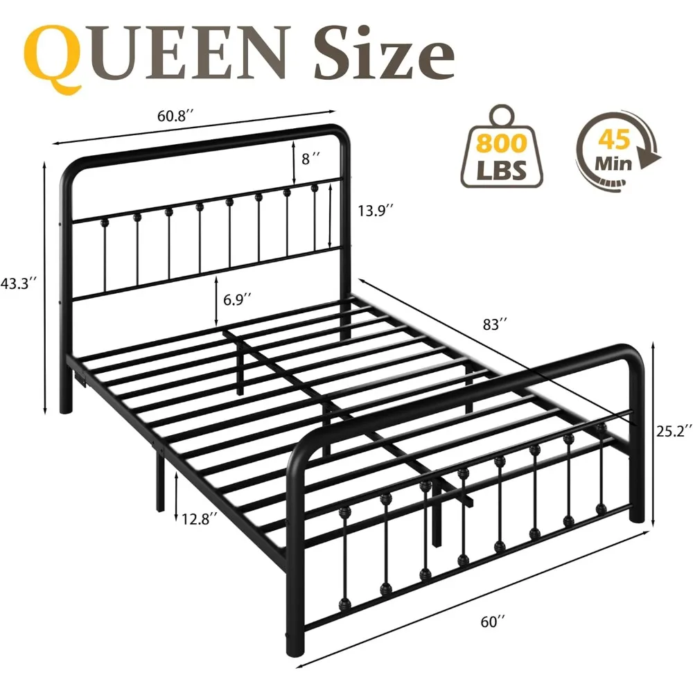 Queen Bed Frame Bed Frame with Charging Station & LED, Victorian Style Iron-Art Headboard/Footboard, Under Beds Storage