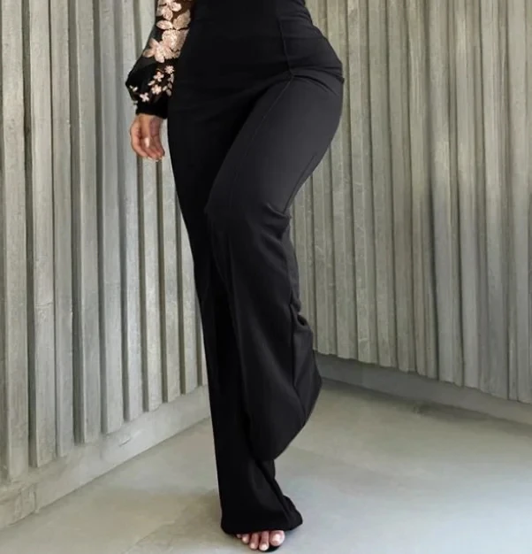 

Women's Sweetheart Neck Sequin Flower Mesh Lantern Sleeves Lace-Up Back Jumpsuit Casual Backless Seam Front Wide Leg Jumpsuit