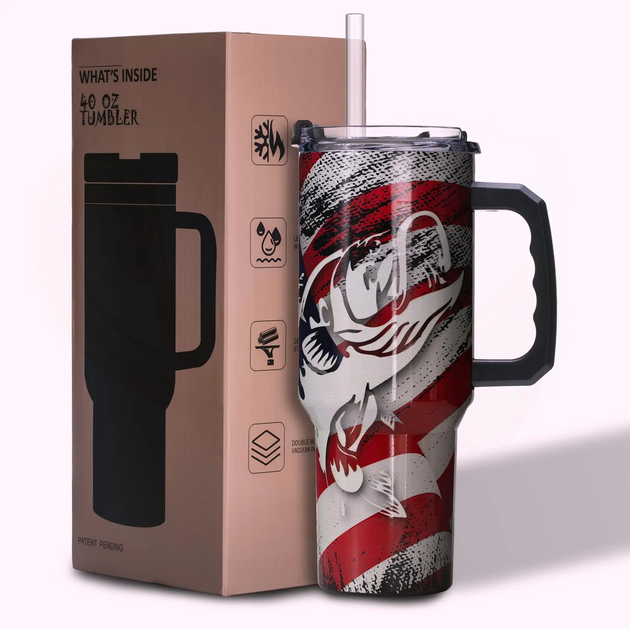 

40oz Large Vacuum Insulated Travel Mug – Stainless Steel Tumbler with Handle, USA Flag Wrap, Hot and Cold Retention