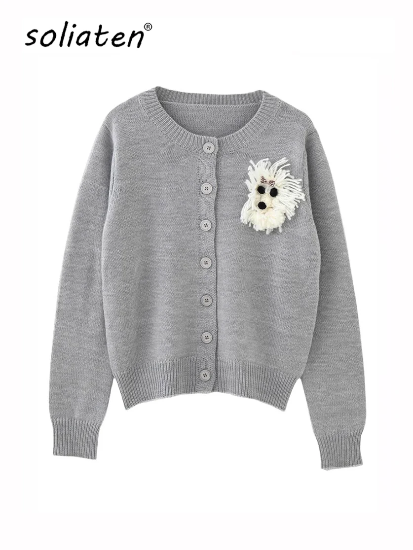 Japanese Kawaii Cartoon Dog Embroidery Knitted Cardigan Women All Match Sweater Jackets Coats Kardigany C-182