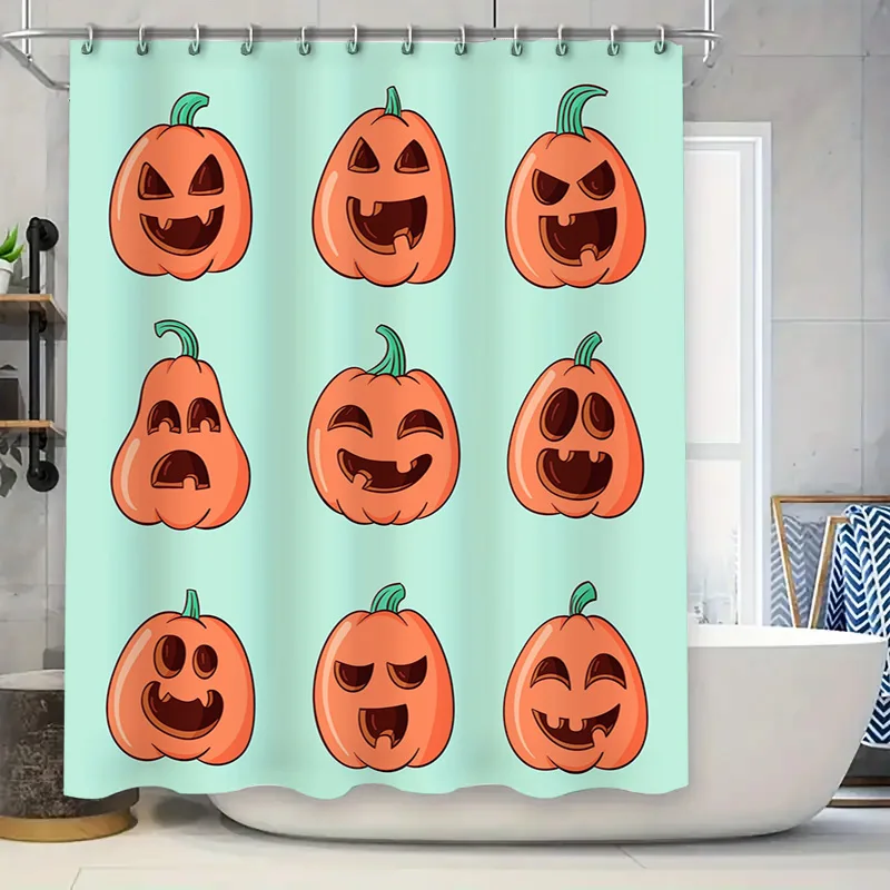 

Halloween-themed pumpkin shower curtain with 8 different designs for a spooky bathroom decor! Perfect gift idea for Halloween pa