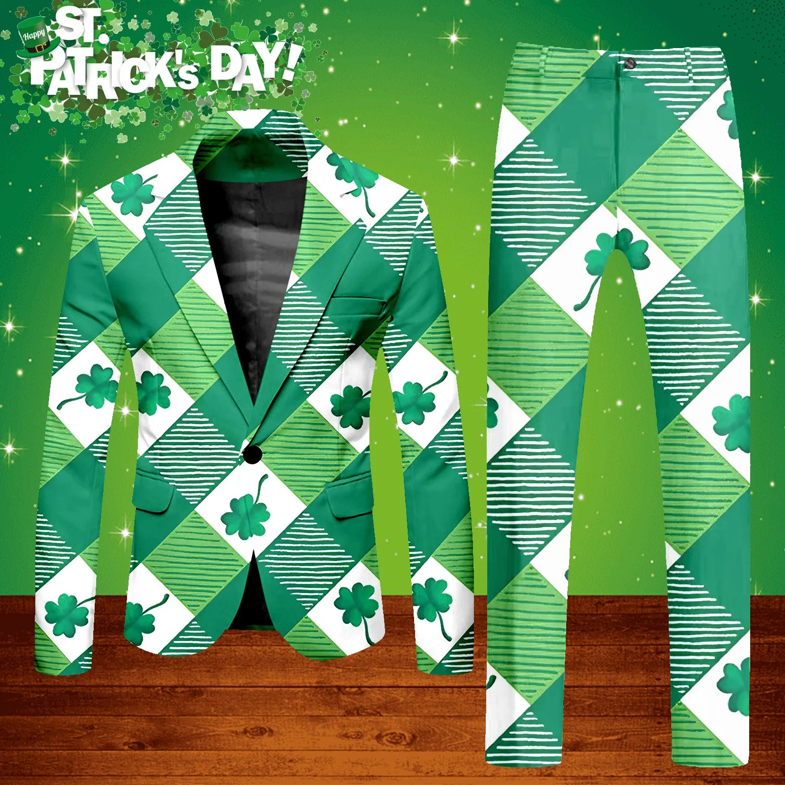 Mens Stage Prom Suits Jacket Pants Men Dance Festival 3.17 Happy St. Patrick’s Day Green Tee Print Party Costume Blazers Suits