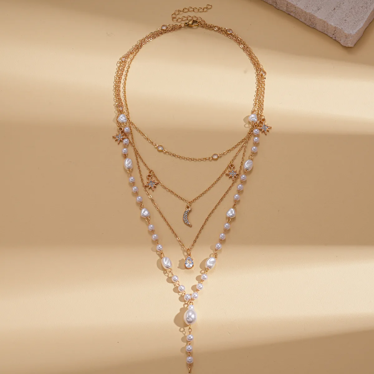 New Multi Layer Moon Star Pearl Necklace Pendant Gold Chain Stackable Beaded Long Layering Choker Boho Romantic Wedding Jewelry