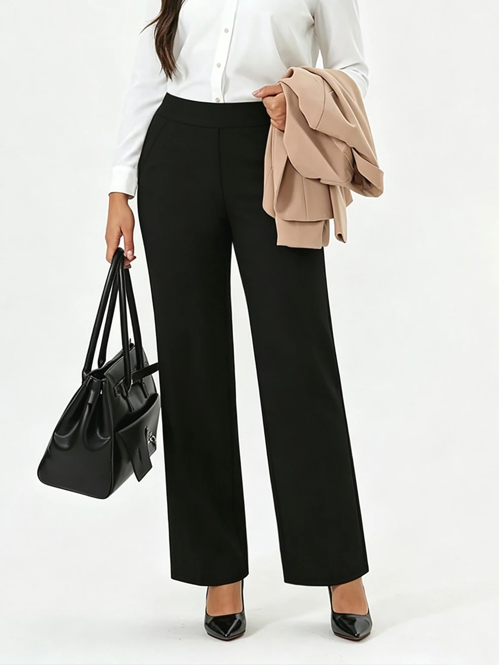 2026 Modische Elegante Weite Hose für Damen mit Elastischem Bund, Dehnbar, Schlankmachend, Schwarz, Büro- und Freizeithose – Detail 4