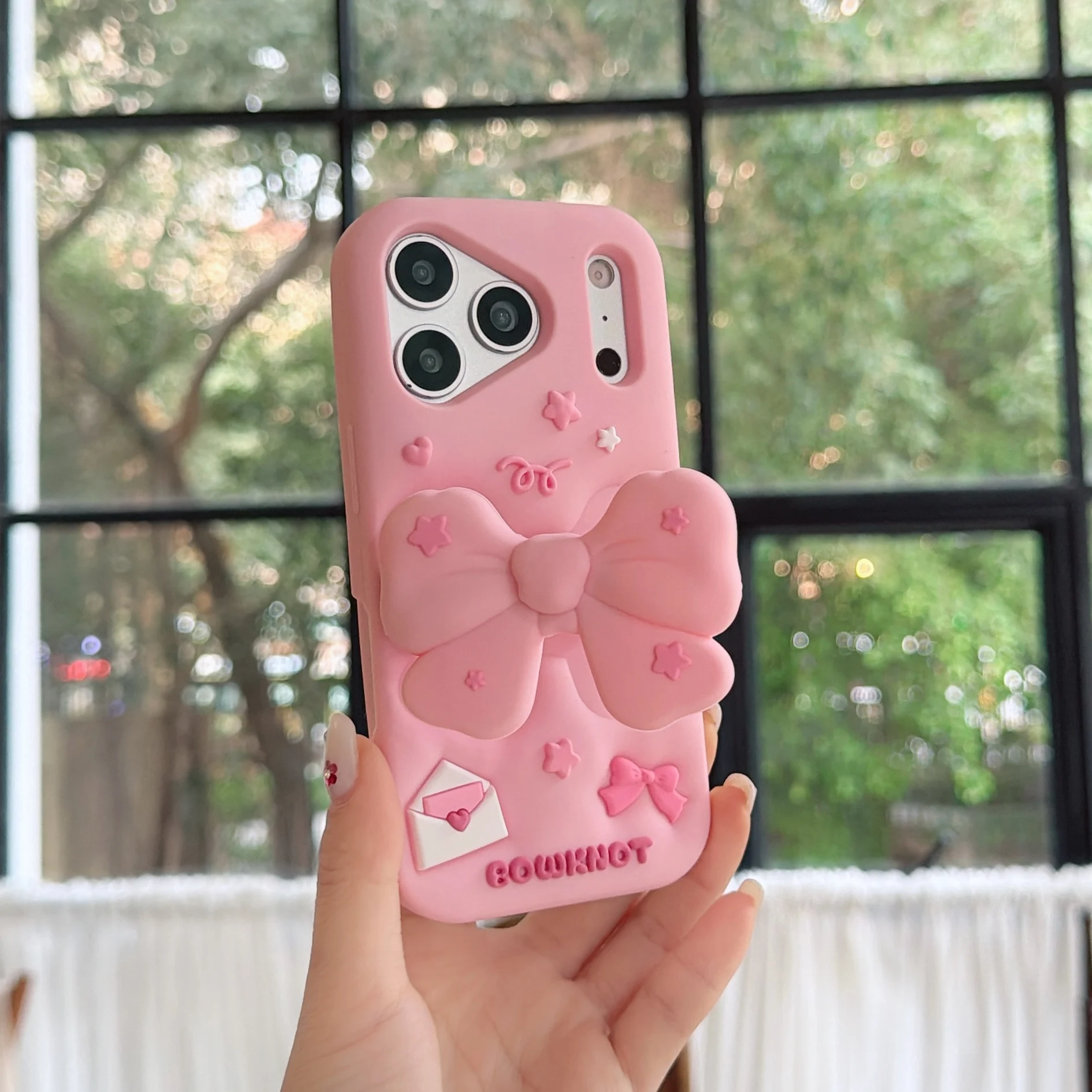 Cute Pink 3D Bow Foldable Stand Silicone Phone Case, Lovely Protective Cover For iPhone 17/16/15 /14/13/12/ProMax Ka'waii Shell