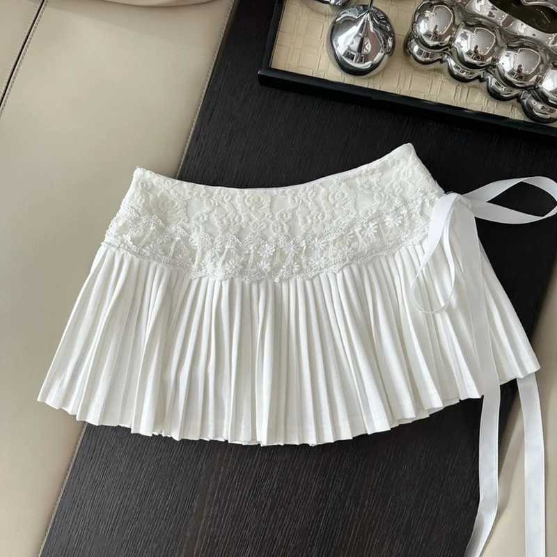 Lace Patchwork Pleated Skirts Women Spring New High Waist A Line Mini Skirt Korea Fashion All Match White Bandage Female Skirt