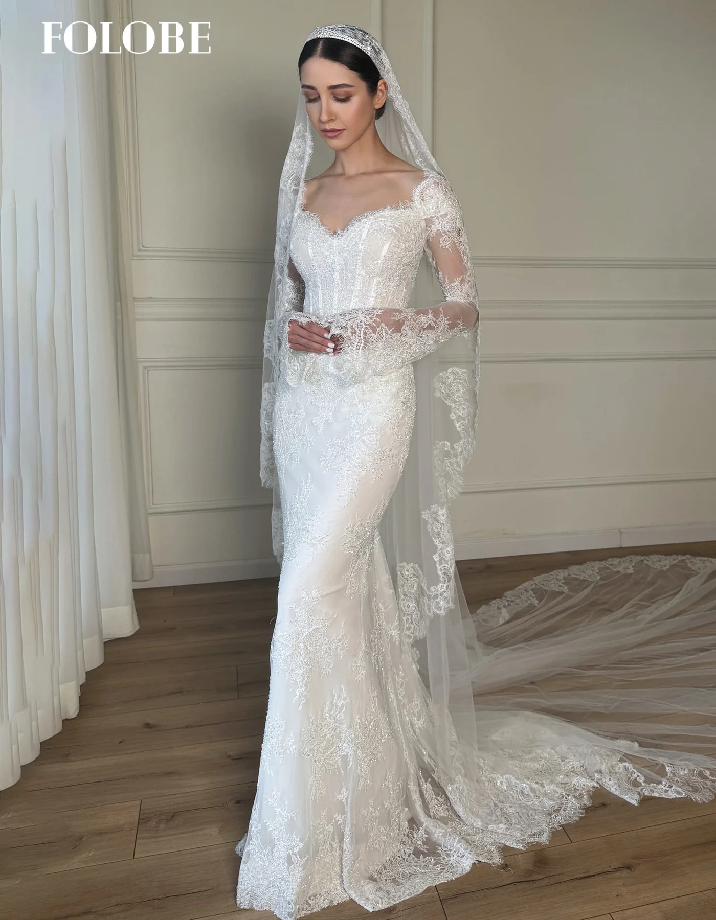 FOLOBE chérie blanc élégant sirène dubaï robes de soirée avec manches longues robes de mariée robe de bal personnalisé