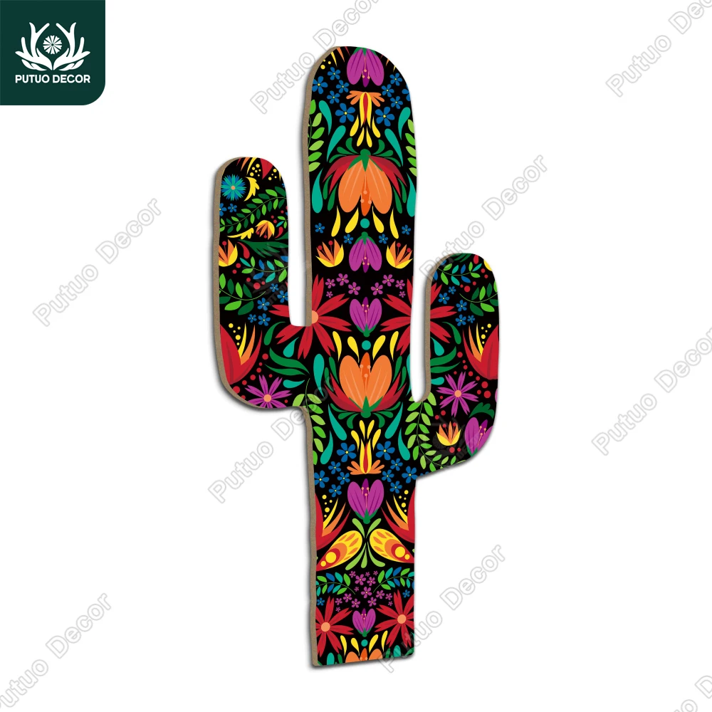 Putuo Decor 1Pc Mexican Style Cactus Shaped Wooden Signs, Decoration Wall Art Painting Decor for Home Living Room Bedroom