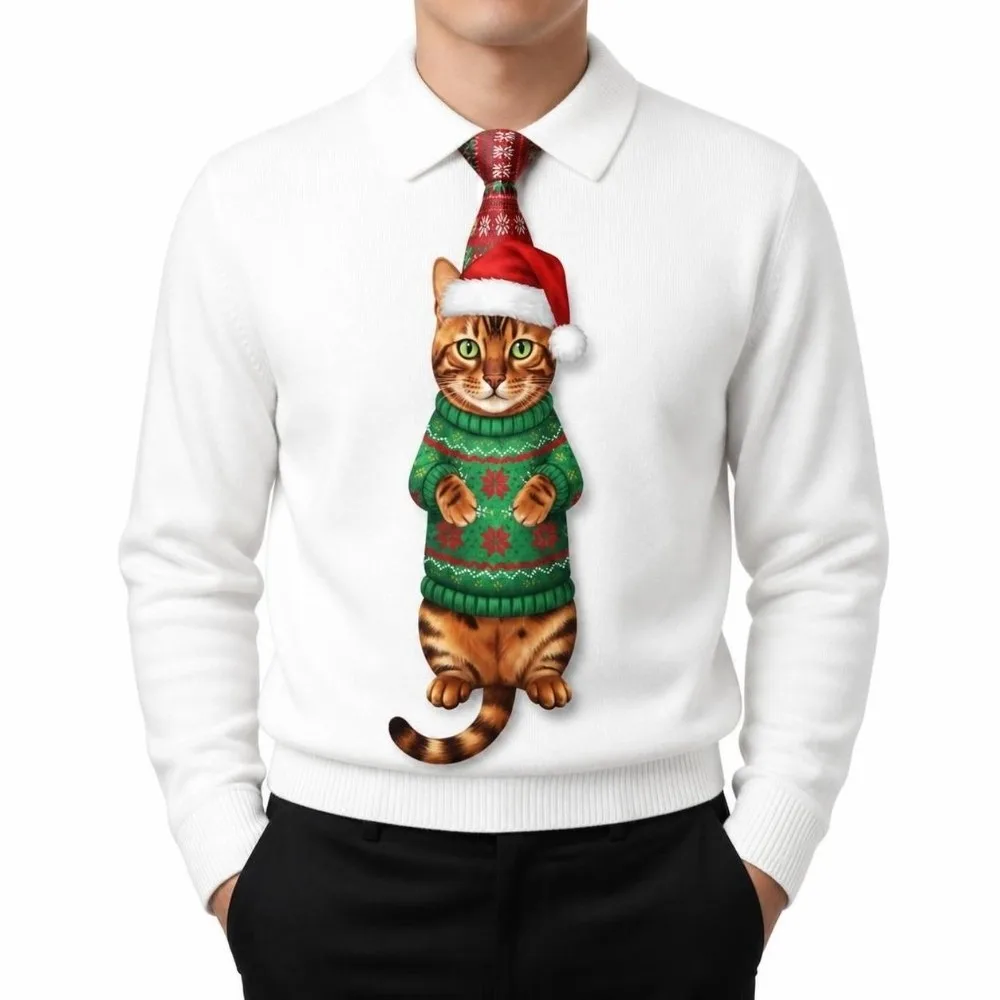 gravata-de-natal-com-estampa-de-gato-gravata-divertida-em-tecido-de-cetim-realista-com-estampa-de-animal-leve-para-festas-e-feriados