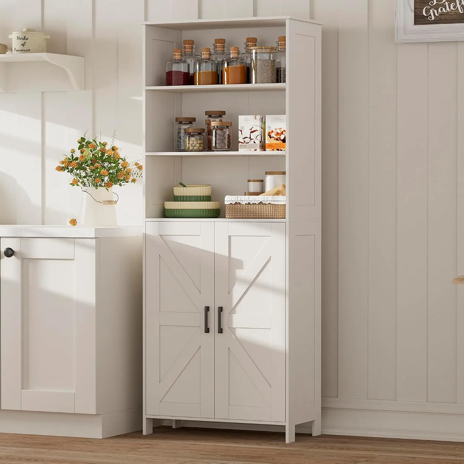 Tall Bathroom Storage Cabinet, Freestanding Floor Linen Tower Organizer With Adjustable Shelves And Double Doors, Farmhouse Pantry Cupboard Rack For Living Room Laundry Room, White view 7