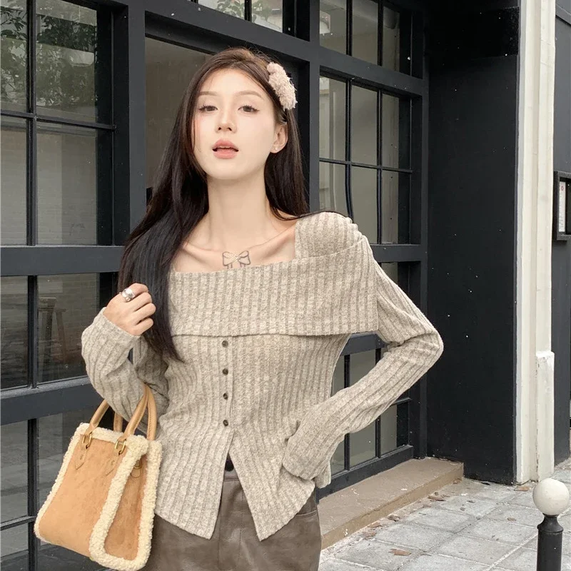 Y2K Pink Women T Shirts Korean Sweet Knitted Long Sleeve Women Casual Tops Autumn New All Match Square Collar Ladies Crop Tops