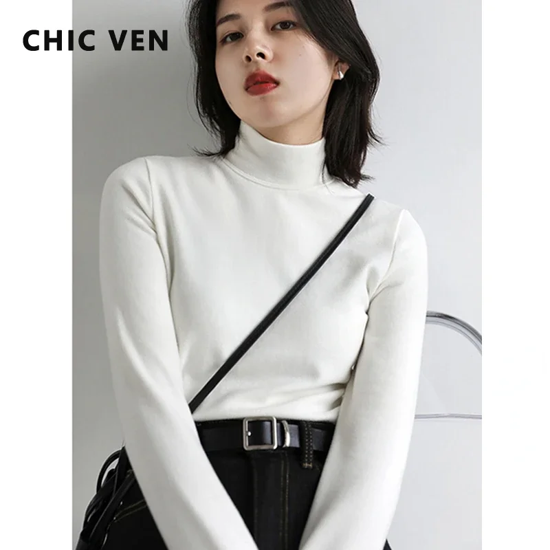 CHIC VEN Women Sweatshirt Turtleneck Pullovers Casual Solid Dralon Warm Bottom Blouse Office Lady Tops Autumn Winter 2023