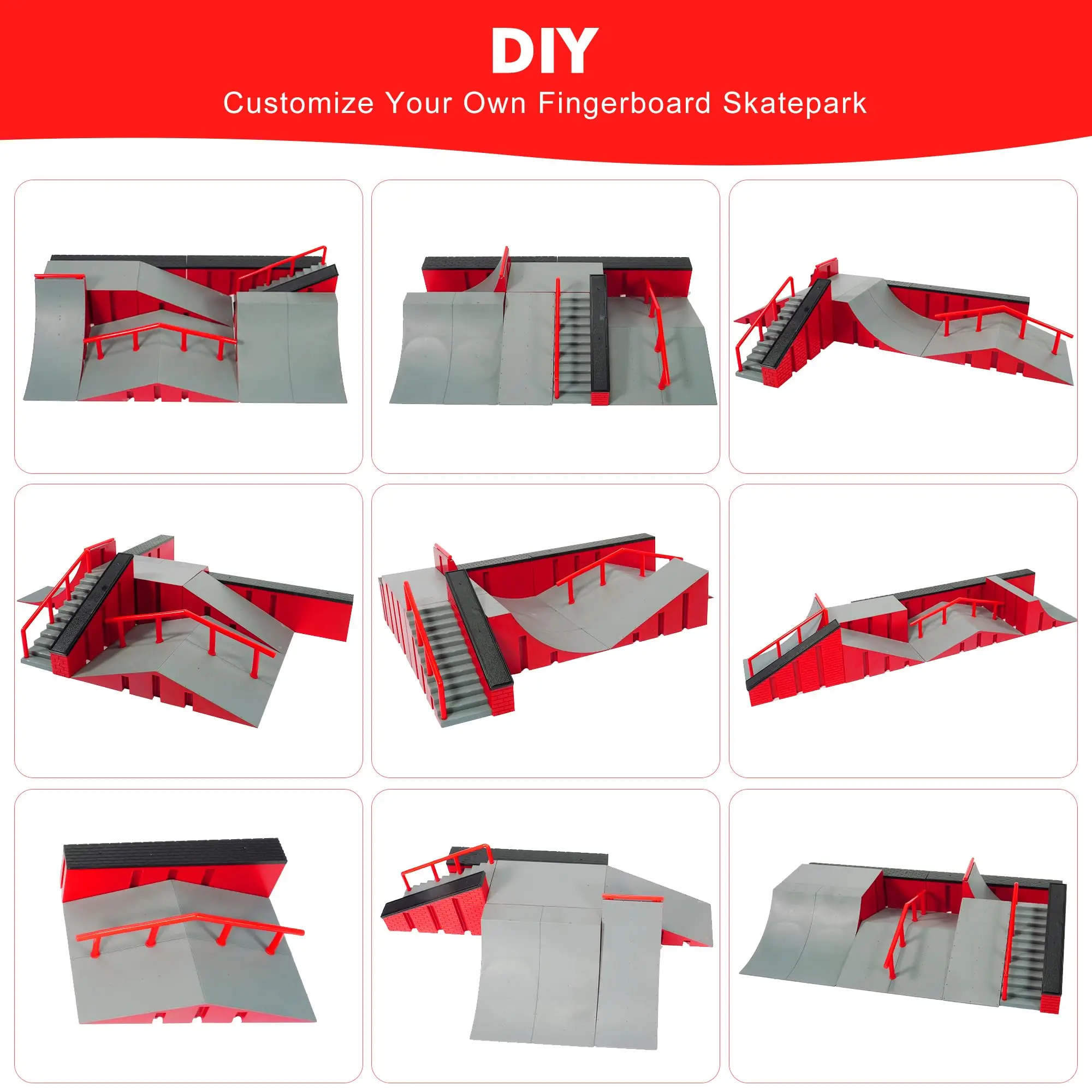 Finger Skateboard Park Kits (9 in 1), Finger Skateboard Rampen Set mit 5 Fingerboards, Finger Scooter, Finger Bike, Finger Skateshoe