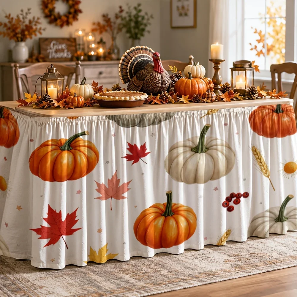 One table skirt. Pumpkin leaves, wheat seeds. Autumn harvest pattern. Polyester autumn-themed decorative table skirt design.