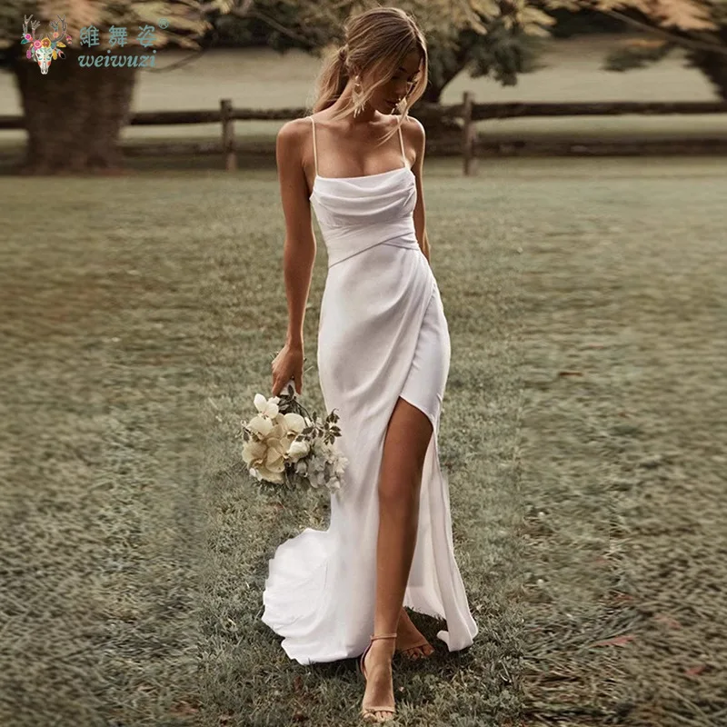 

Minimally Tailored Slim Shoulder Strap Light Wedding Dress Sexy High Slit Back Strap Bow Decoration Outdoor Wedding Dress