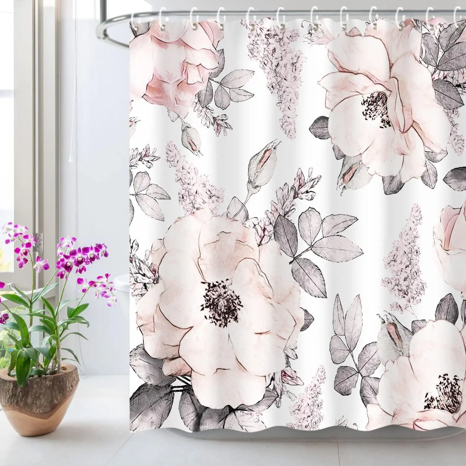 

Pink Gray Flower Shower Curtain, Watercolor Floral Shower Curtains with Hooks White Grey Fabric Blossom Bathroom Decor M
