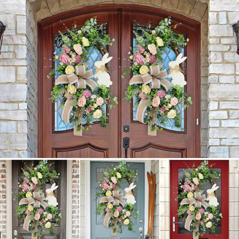 

Osterhasenkranz, Osterkranz mit Schleife, Kaninchenkranz, künstlicher Blumenkranz für Zuhause, Tür, Garten, Party, Urlaubsdek