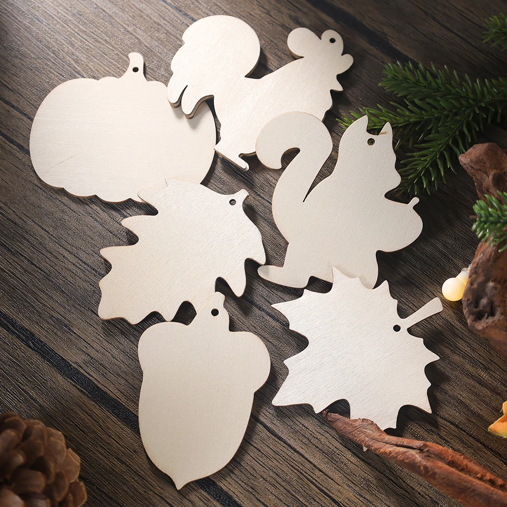 24/12pcs DIY Hand Painted Rooster Pumpkin Squirrel Maple Leaf Pine Cone Harvest Festival Thanksgiving Day Party Wood Decoration