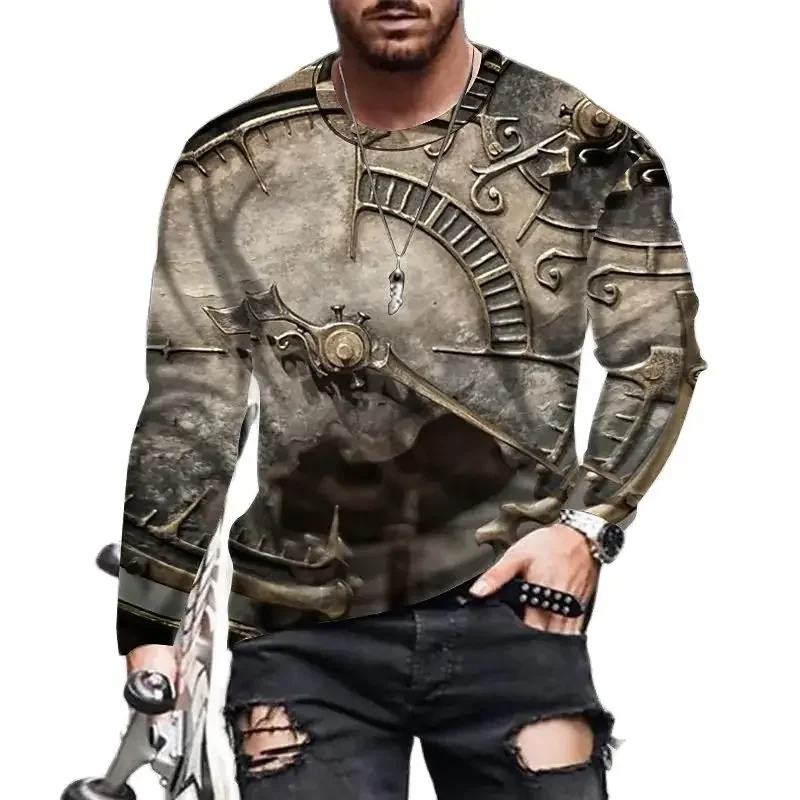 2023 Vintage Print T-shirt 3D Clock Shirt Clock Long Sleeve Casual O- Neck 6xl  Shirt Oversized Trend Tops Tee Shirt Man Clothes