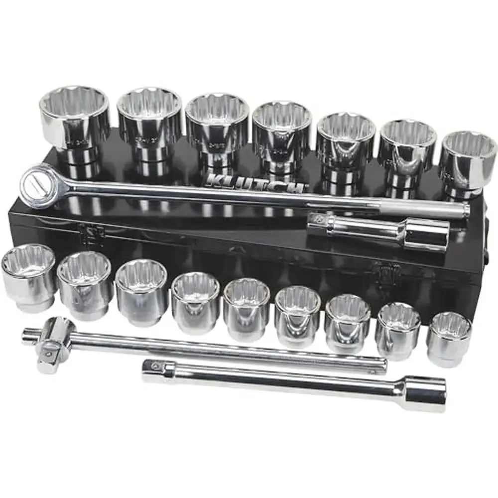 Jumbo Socket Set 21-Pc. 1in.-Drive Chrome-Plated Resists Corrosion Locking Notches Ratchets Extensions Knurled Grip SAE Sizes 1