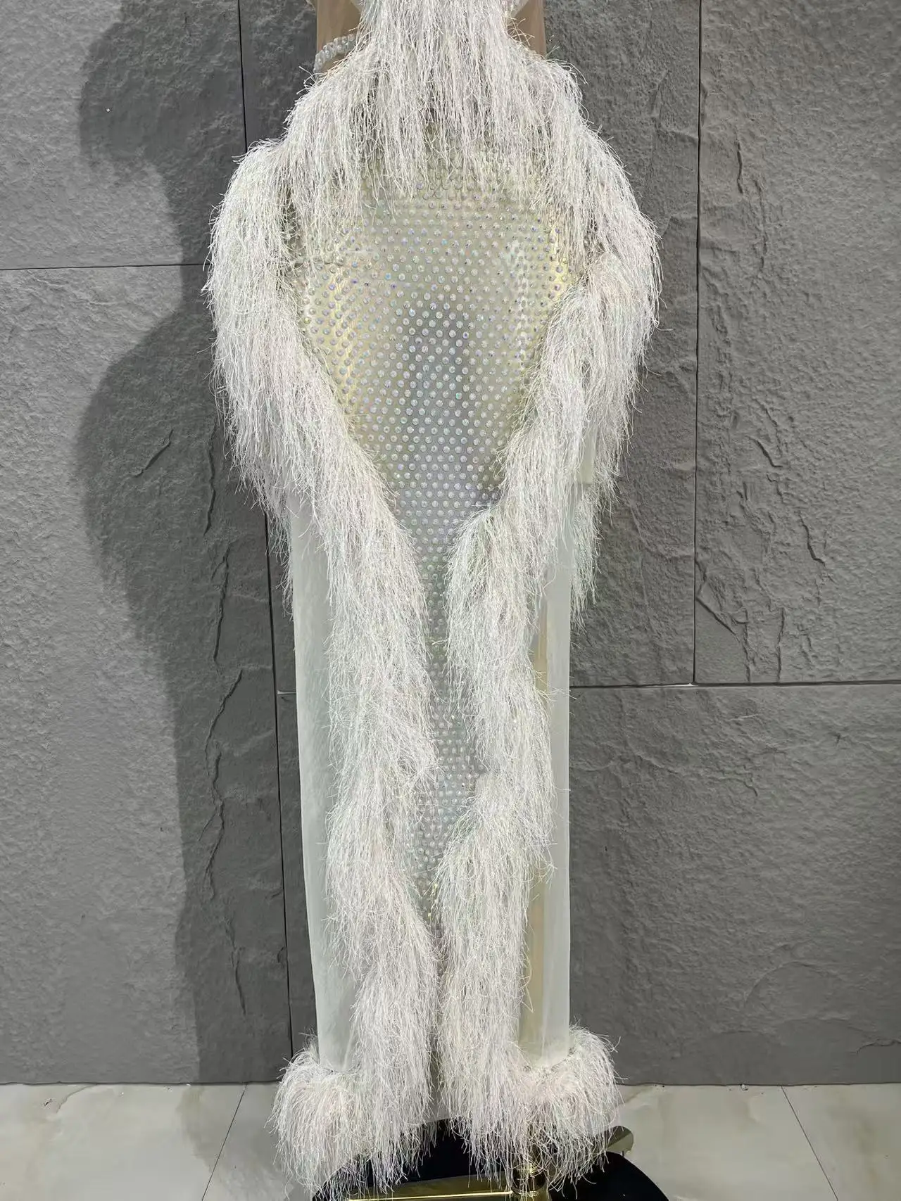 Sexy transparent netting sequined feather dress, V-neck formal evening cocktail party gown