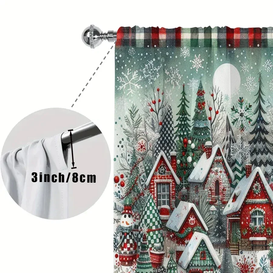 2PCS Plaid Christmas Village Curtains, Red Green Buffalo Check Snowy House, Rustic Holiday Window Drapes for Bedroom Living Room