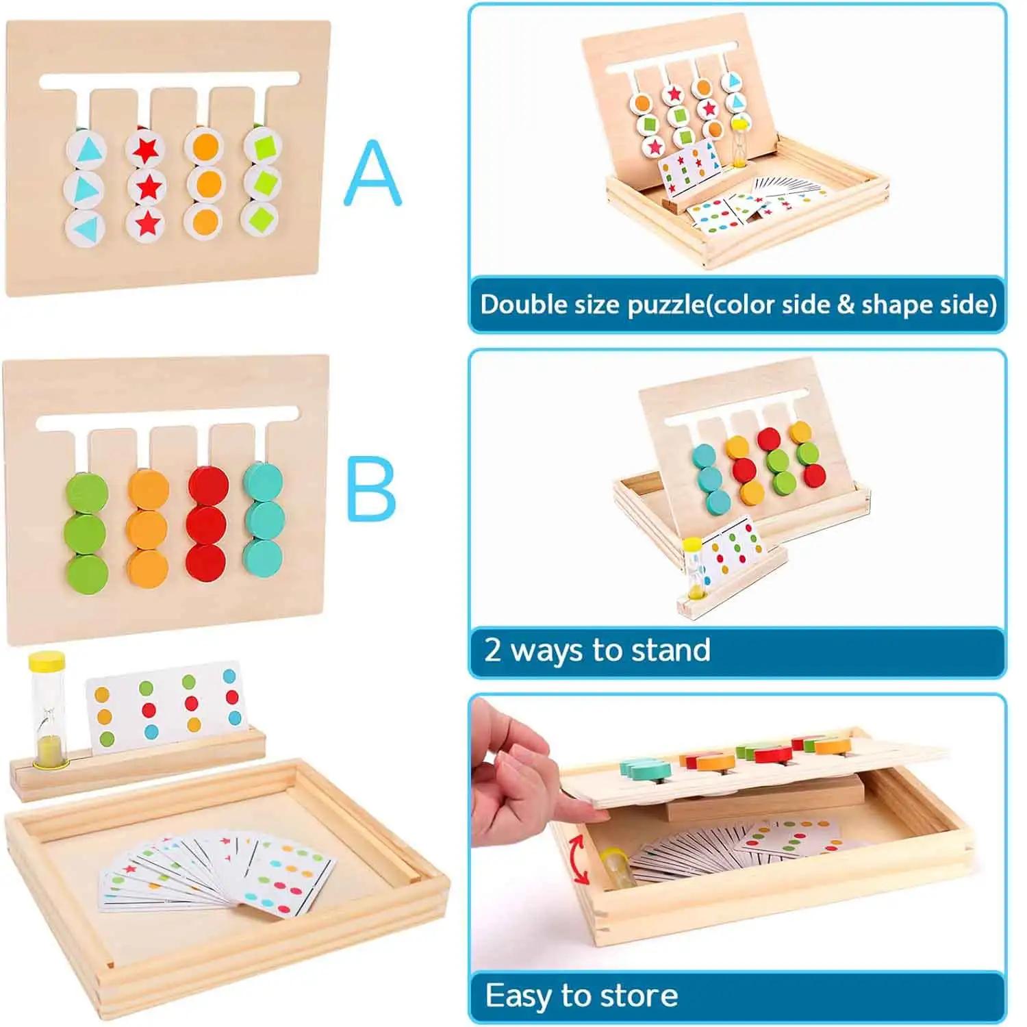 Learning Toys, Slide Puzzle Color & Shape Matching Brain Teasers Logic Game Educational Wooden Toys for Kids Boys Girls Gifts