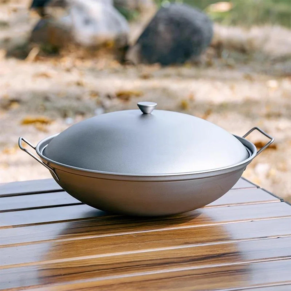 Sartén Wok de titanio con tapa, cocina de inducción de doble mango, estufa de Alcohol para acampar al aire libre, olla seca